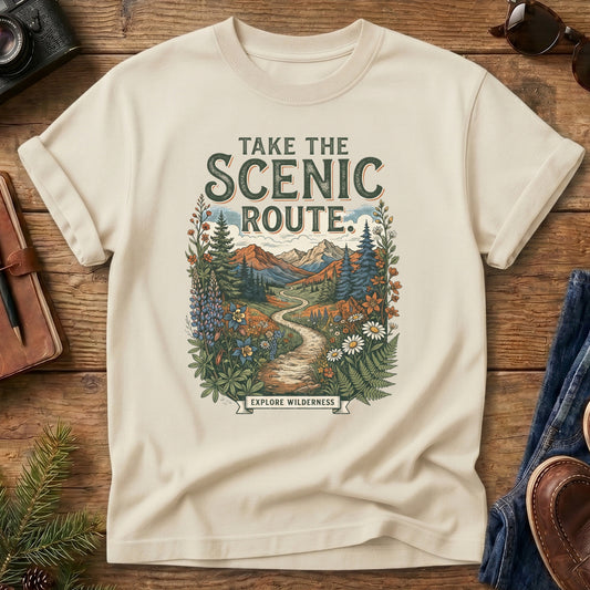 Scenic Route Tee – Ivory flat lay, wildflower meadow trail graphic with Take the Scenic Route text