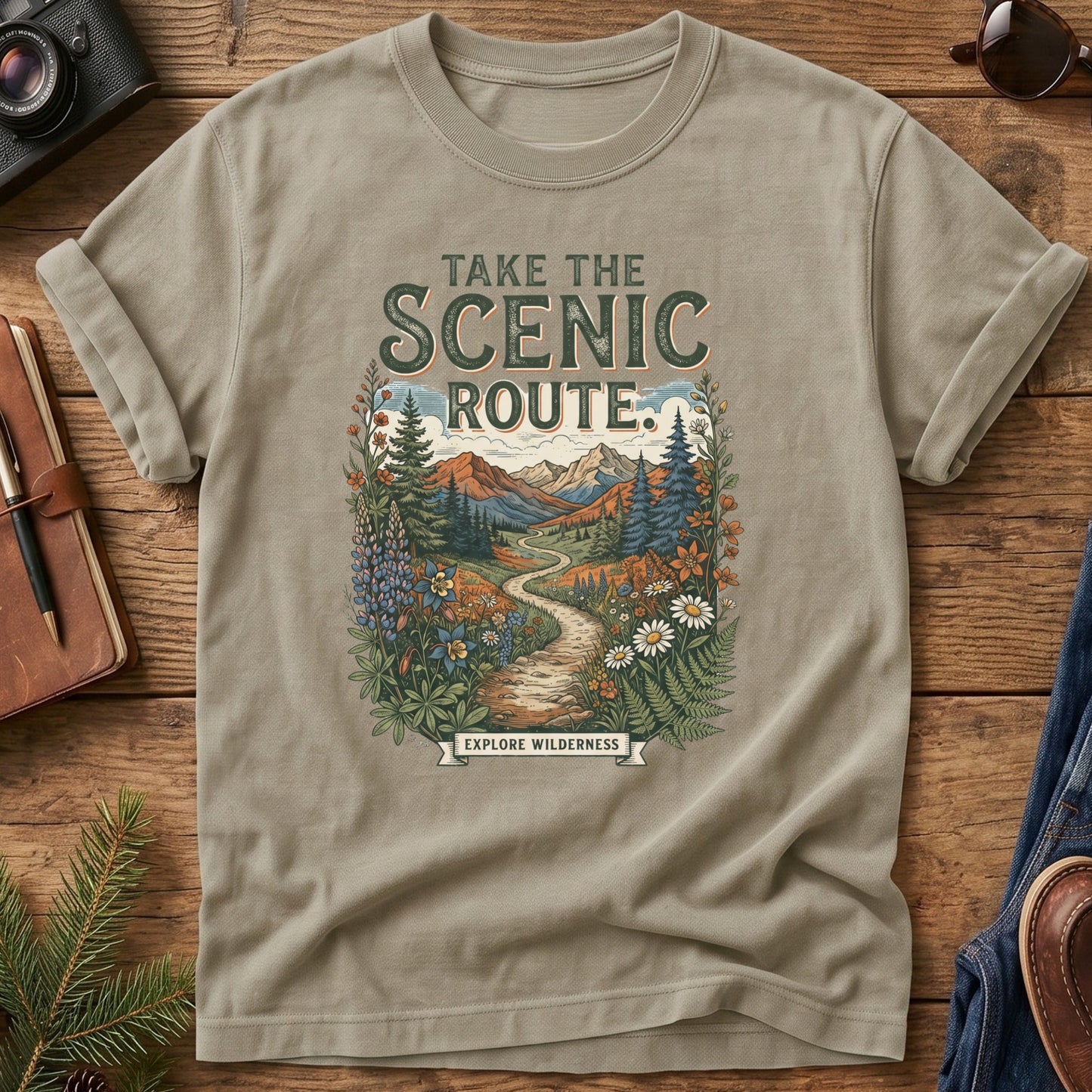 Scenic Route Tee – wildflower meadow trail graphic with Take the Scenic Route text on Comfort Colors 1717 tee, flat lay