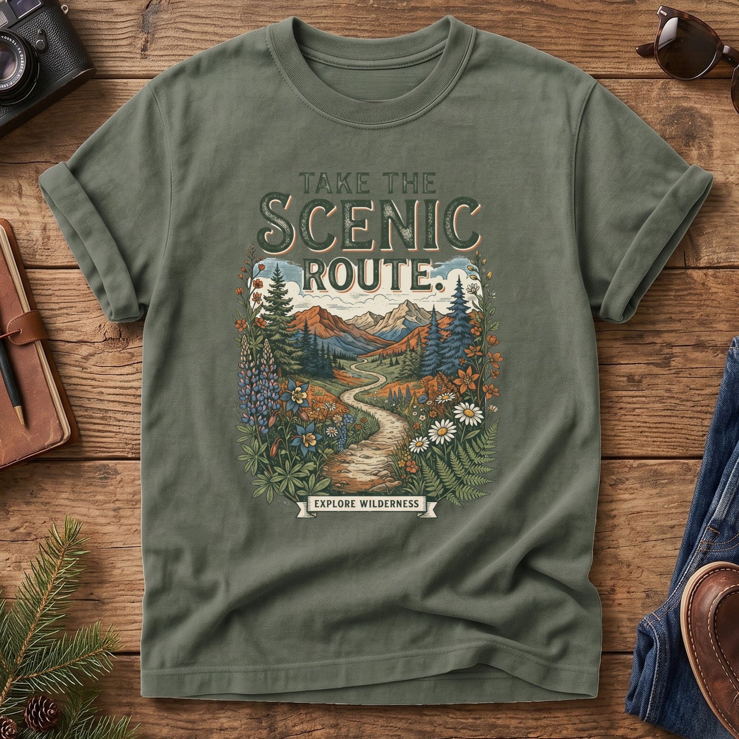 Scenic Route Tee – wildflower meadow trail graphic close-up on Comfort Colors 1717 tee