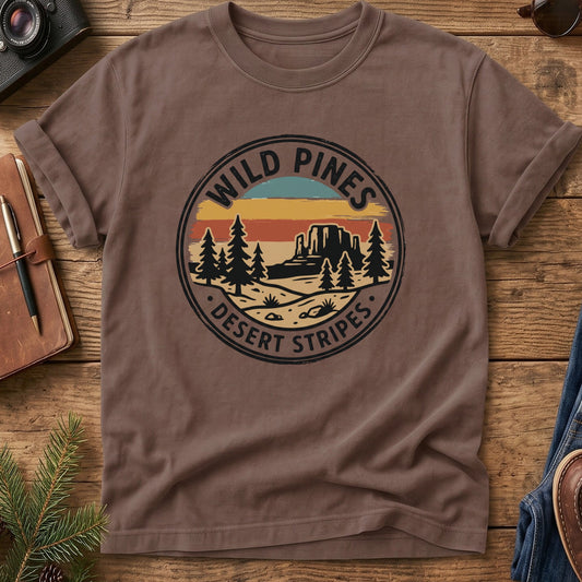 Wild Pines Desert Stripes Tee – close-up of pine and desert stripe artwork
