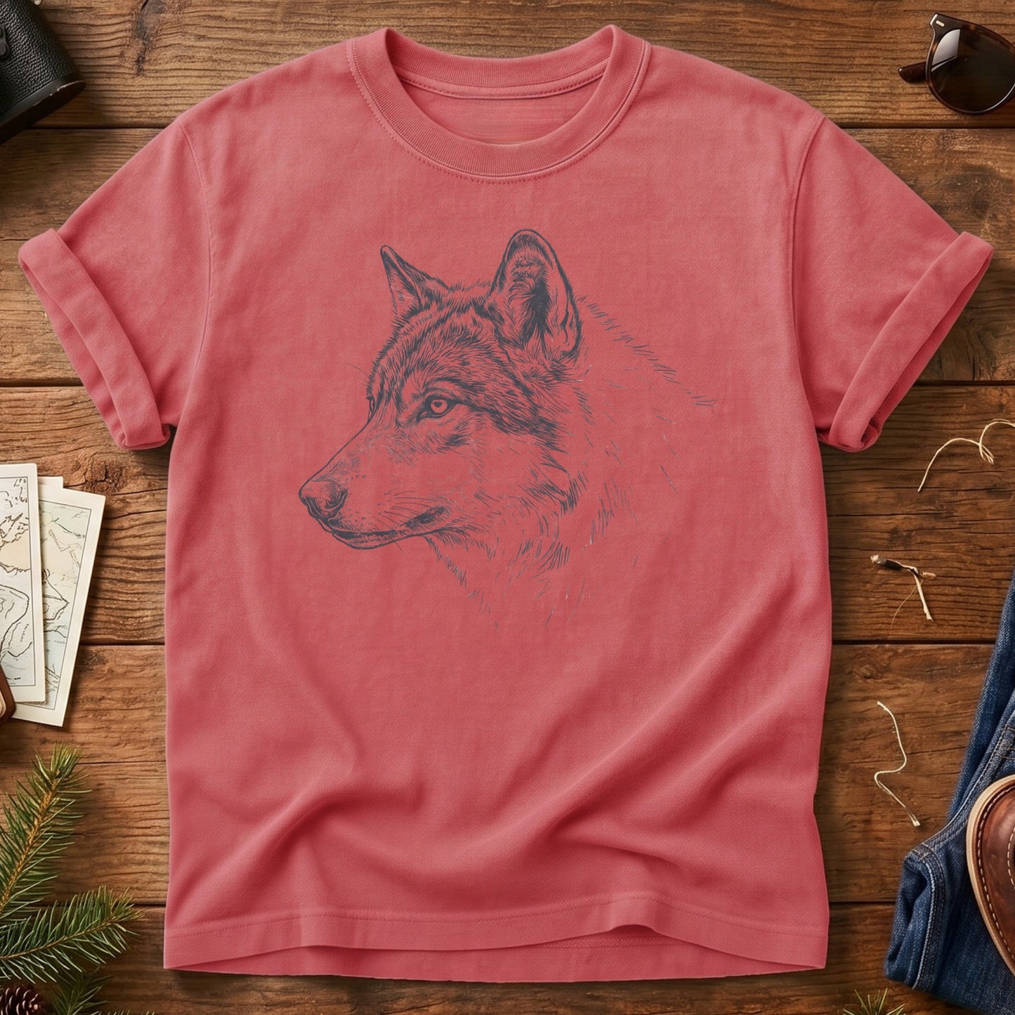 Wolf Wilderness Tee – wolf wilderness graphic on Watermelon Comfort Colors t-shirt