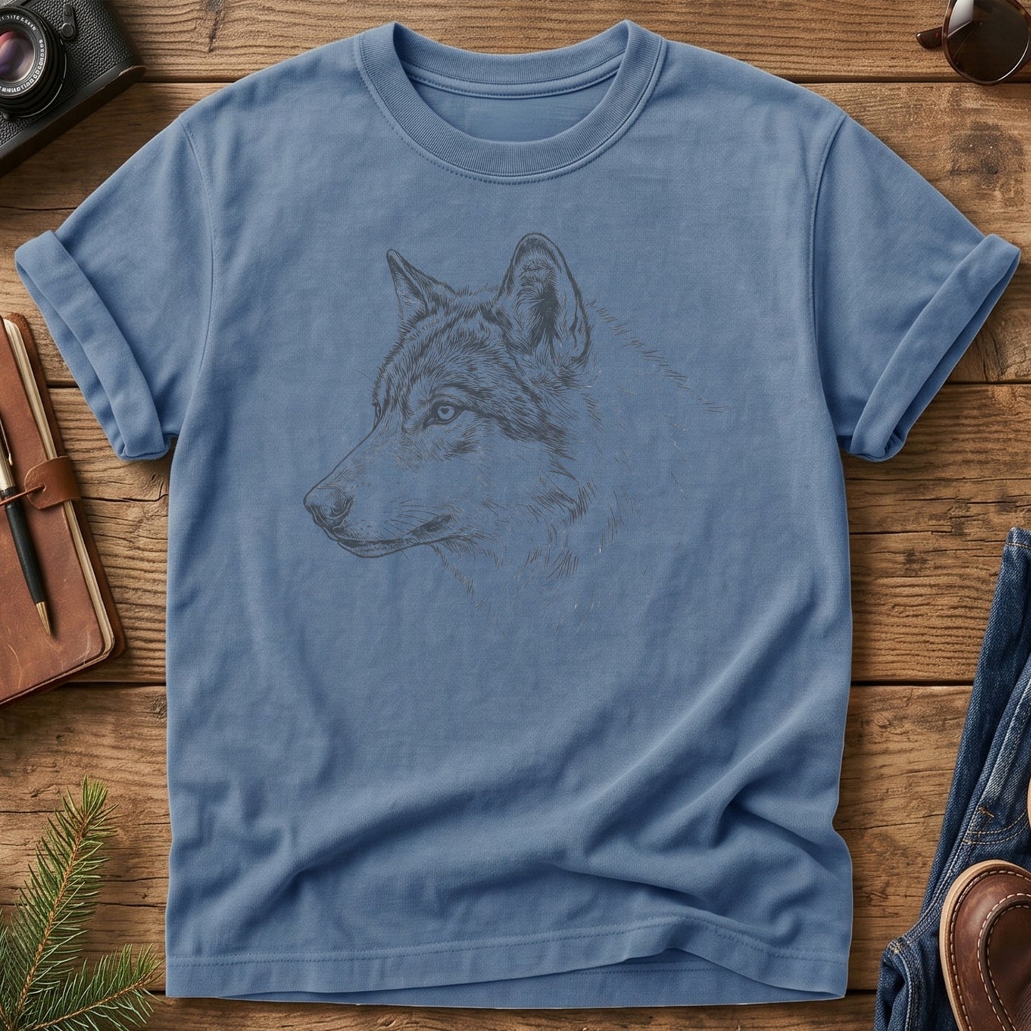 Wolf Wilderness Tee – wolf wilderness graphic on Blue Jean Comfort Colors t-shirt