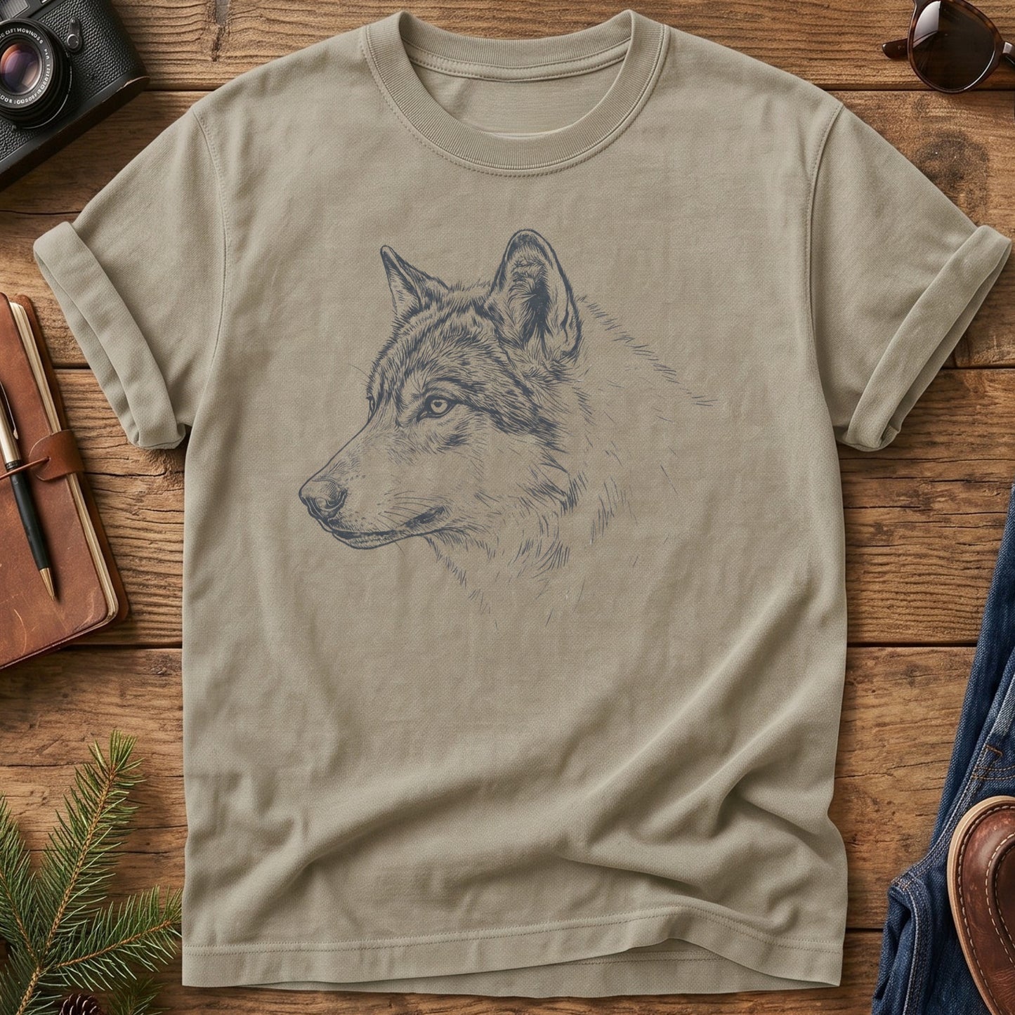 Wolf Wilderness Tee – wolf wilderness graphic on Khaki Comfort Colors t-shirt