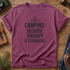 Camping Because Therapy Is Expensive Tee – close-up of the camping typography print detail