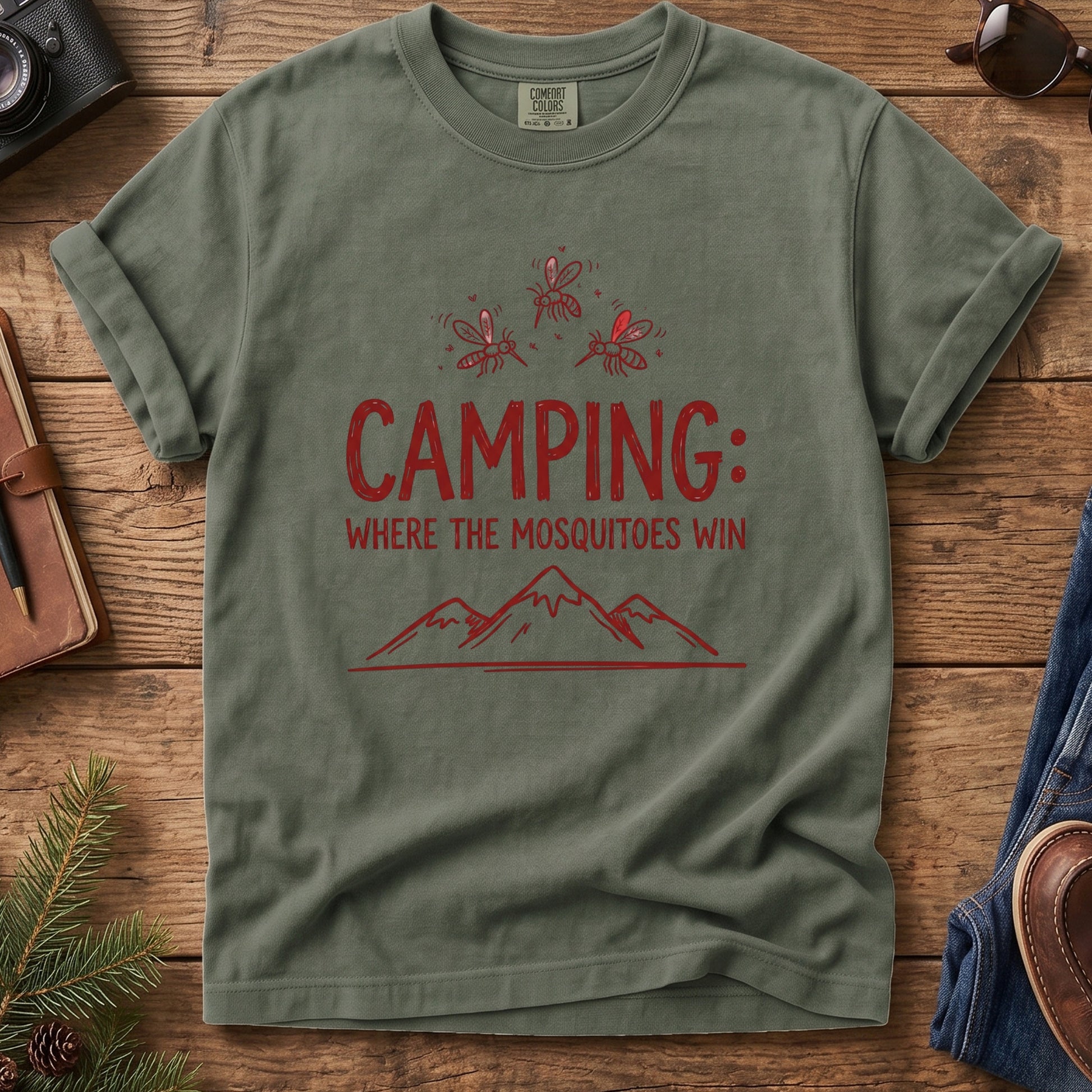 Camping Where the Mosquitoes Win Tee – styled outdoor lifestyle photo
