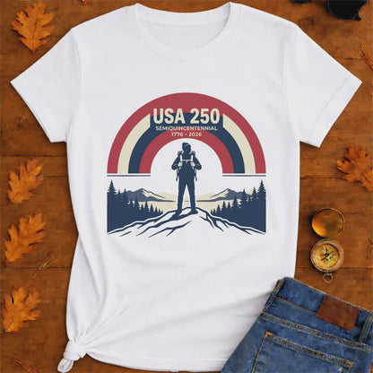 USA 250 Retro Horizon Mountain T-Shirt — Lone Hiker Silhouette