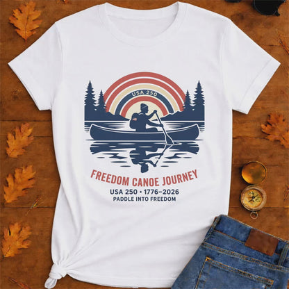 Freedom Canoe Journey T-Shirt — USA 250 Retro Paddle Design